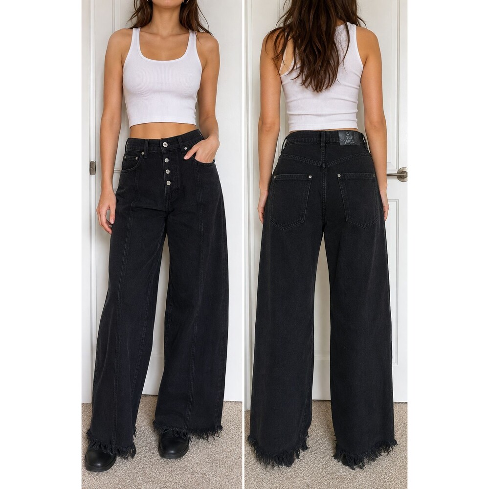 We The Free Old West Slouchy Jeans Size 31 Black High Rise Wide Leg Raw Hem